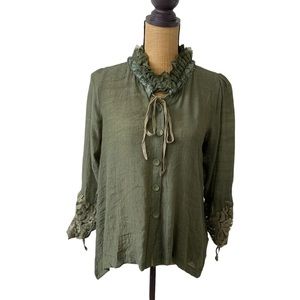 Noella Women’s Green Button Up Blouse Shirt Lace And Flower Detail 3/4 sleeve